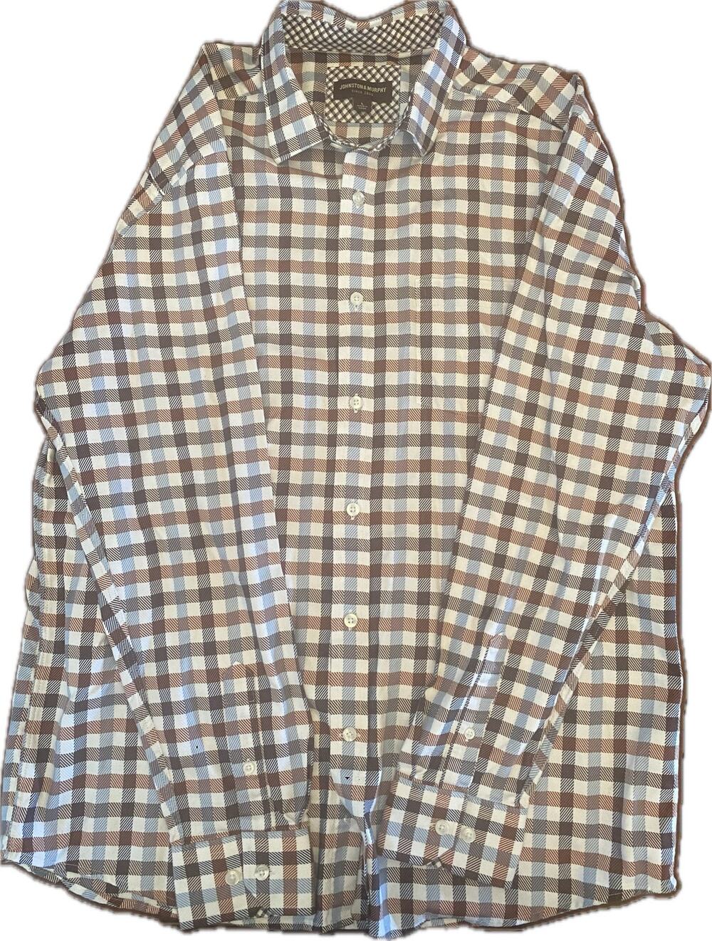 Johnston & Murphy Men's Shirt Size L Plaid Gingham Brown Blue Contrast Cuff LS